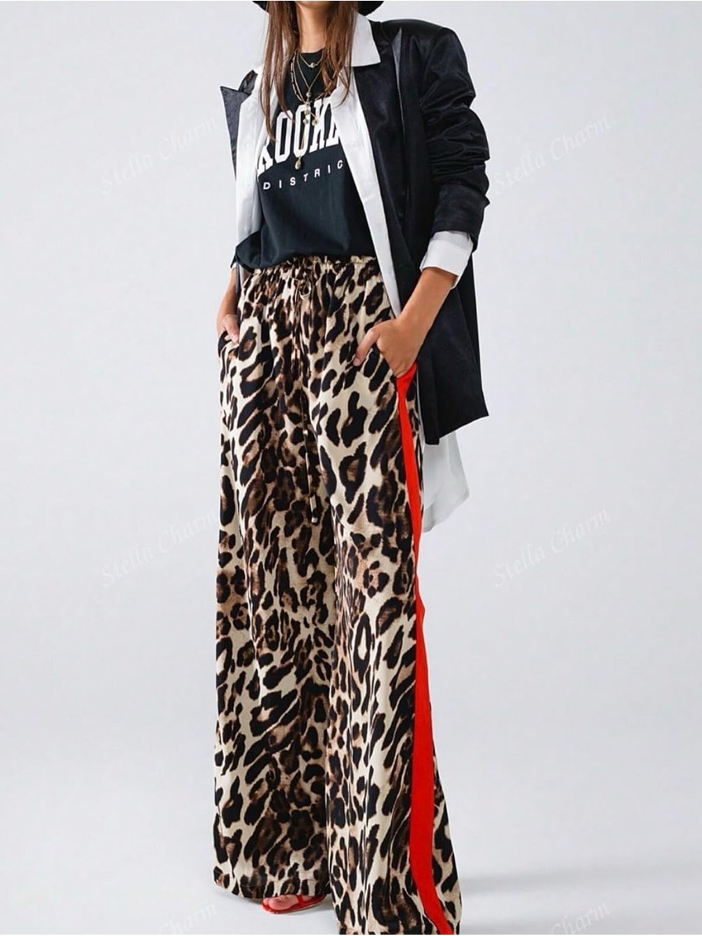 Leopard Print Wide-Leg Pants with Red Side Stripe